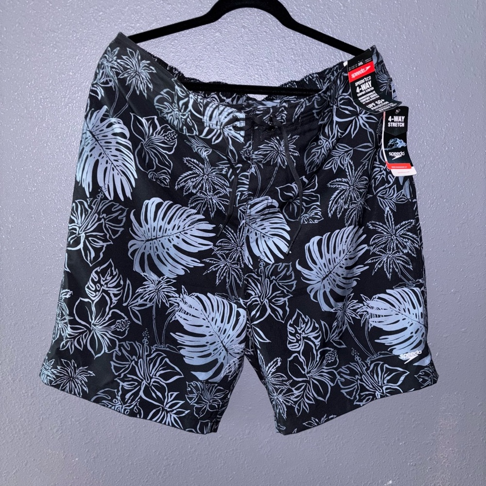 NWT Speedo XXL Swim Trunks with Blue Leaf Print